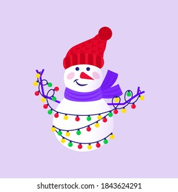 Merry Christmas cute greeting card with snowman and snowflakes for happy new year presents. Scandinavian style set for invitation, children room, nursery decor, interior design, stickers
