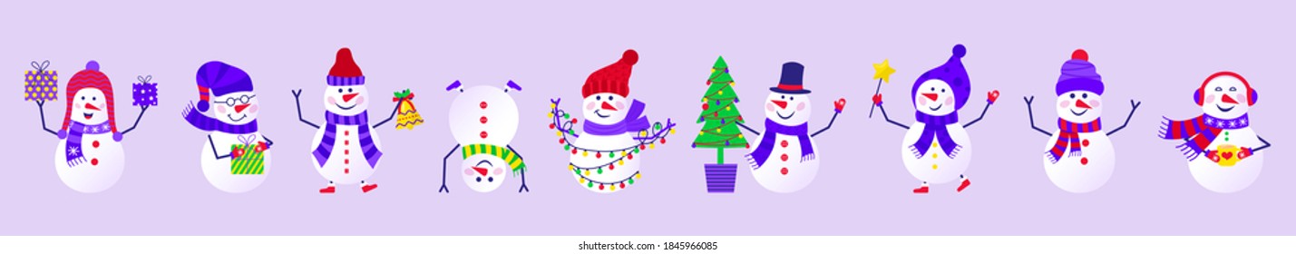 Merry Christmas cute greeting card with snowman and snowflakes for happy new year presents. Scandinavian style set for invitation, children room, nursery decor, interior design, stickers