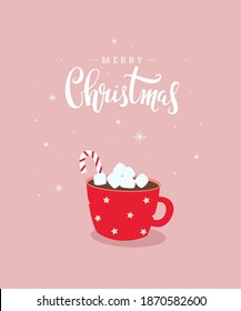 Merry Christmas cute greeting card design with handwritten calligraphy and hot chocolate drink with marshmallow in red mug. - Vector illustration