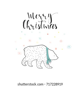 Merry Christmas cute greeting card with bear and scarf. Scandinavian style of posters for invitation, children room, nursery decor, interior design. 