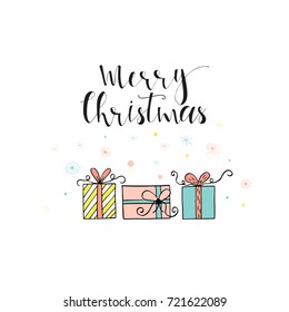 Merry Christmas cute greeting card with  presents. Scandinavian style of posters for invitation, children room, nursery decor, interior design. 