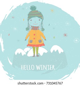 Merry Christmas cute greeting card with girl for presents. Hand drawn style of posters for invitation, children room, nursery decor, interior design.