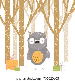 Merry Christmas cute greeting card with owl, forest and presents. Hand drawn style of posters for invitation, children room, nursery decor, interior design.