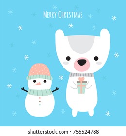 Merry Christmas. Cute Christmas greeting card. Cartoon snowman and funny bear. Winter holidays. Vector illustration