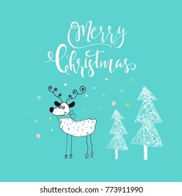 Merry Christmas cute greeting card with hand drawn lettering for presents. Scandinavian style of posters for invitation, children room, nursery decor, interior design.