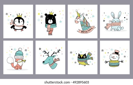 Merry Christmas cute greeting cards, stickers, illustrations. Penguin, bear, owl, deer and unicorn