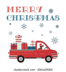 Merry Christmas cute greeting vector poster. Red pickup transporting Christmas gift boxes cartoon illustration design element. Cute dog in Santa hat deliver present boxes. Xmas holiday card background