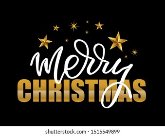 Merry Christmas - cute hand drawn lettering card with golden stars