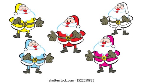 Merry Christmas. Cute and happy Santa Claus for Christmas cards, banners, tags and labels. Santa Claus in five different colors. Christmas concept. Vector illustration. Flat design on white background