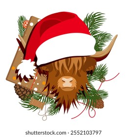 Merry Christmas, Cute Head of Scottish Cattle on Christmas background. Design element for logo, poster, card, banner, emblem, t shirt. Vector illustration.