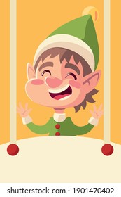 merry christmas cute helper character and sing board cartoon vector illustration