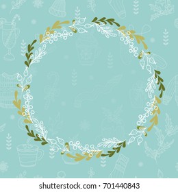 Merry christmas. Cute holiday card with floral wreath