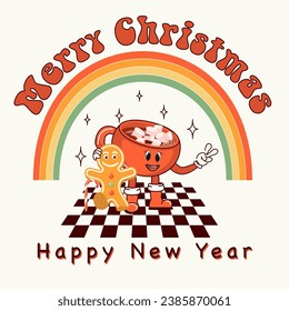 Merry Christmas. Cute hot cocoa mug and ginger man. Retro character in groovy cartoon style. Atmosphere of the 60's and 70's. Merry Christmas and Happy New Year. Vector illustration