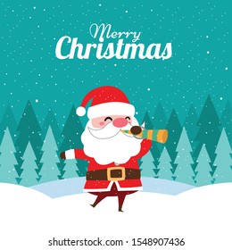 Merry Christmas with Cute Kawaii Hand Drawn Santa Claus With a Pipe Or Playing a Trumpet With Smiling And Funny Face. Cartoon. Vector. Character. Illustration. Flat Design. Background. Greeting