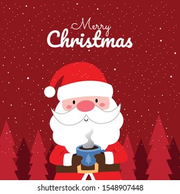 Merry Christmas with Cute Kawaii Hand Drawn Santa Claus Holding Hot Coffee in Blue Glass With Smiling And Funny Face. Cartoon. Vector. Character. Illustration. Flat Design. Background. Greeting