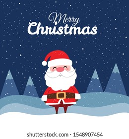 Merry Christmas with Cute Kawaii Hand Drawn Santa Claus With Smiling And Funny Face. Cartoon. Vector. Character. Illustration. Flat Design. Background. Greeting. Invitation. Postcard. Banner. EPS 10