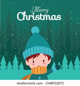 Merry Christmas with Cute Kawaii Hand Drawn Boys Or Kids Wearing Winter Costume With Smiling And Funny Face. Cartoon. Vector. Character. Illustration. Flat Design. Background. Greeting. Invitation