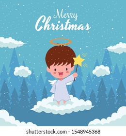 Merry Christmas with Cute Kawaii Hand Drawn Angel Holding Magic Wand Among The Clouds With Smiling And Funny Face. Cartoon. Vector. Character. Illustration. Flat Design. Background. Greeting. EPS 10