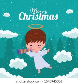 Merry Christmas with Cute Kawaii Hand Drawn Angel With a Pipe Or Playing a Trumpet Among The Clouds With Smiling And Funny Face. Cartoon. Vector. Character. Illustration. Flat Design. Background