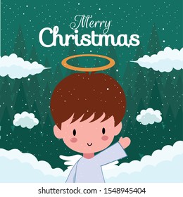 Merry Christmas with Cute Kawaii Hand Drawn Angel Among The Clouds With Smiling And Funny Face. Cartoon. Vector. Character. Illustration. Flat Design. Background. Greeting. Invitation. Postcard