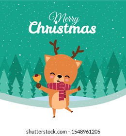 Merry Christmas with Cute Kawaii Hand Drawn Deer With Red Scarf Ringing Bell With Smiling And Funny Face. Cartoon. Vector. Character. Illustration. Flat Design. Background. Greeting. Invitation