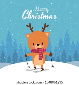 Merry Christmas with Cute Kawaii Hand Drawn Deer With Red Scarf Skiing With Smiling And Funny Face. Cartoon. Vector. Character. Illustration. Flat Design. Background. Greeting. Invitation. Postcard