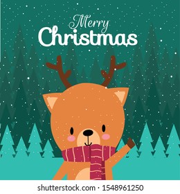 Merry Christmas with Cute Kawaii Hand Drawn Deer Wearing Red Scarf With Smiling And Funny Face. Cartoon. Vector. Character. Illustration. Flat Design. Background. Greeting. Invitation. Postcard