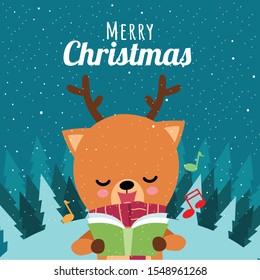 Merry Christmas with Cute Kawaii Hand Drawn Deer With Red Scarf Singing Musical With Smiling And Funny Face. Cartoon. Vector. Character. Illustration. Flat Design. Background. Greeting. Invitation