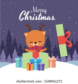 Merry Christmas with Cute Kawaii Hand Drawn Deer Wearing Red Scarf With Smiling And Funny Face In Big Gift Box. Cartoon. Vector. Character. Illustration. Flat Design. Background. Greeting. Invitation