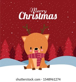 Merry Christmas with Cute Kawaii Hand Drawn Deer With Red Scarf Sitting On Snowland With Smiling And Funny Face. Cartoon. Vector. Character. Illustration. Flat Design. Background. Greeting. Invitation