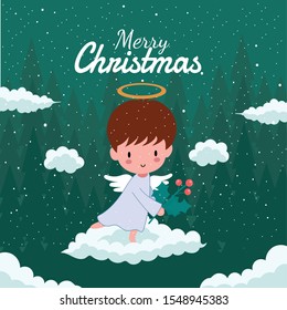 Merry Christmas with Cute Kawaii HandDrawn Angel Among The Clouds With Smiling And Funny Face. Cartoon. Vector. Character. Illustration. Flat Design. Background. Greeting. Invitation. Postcard. Banner