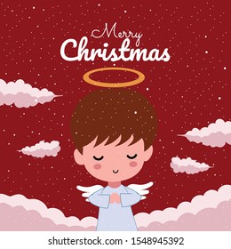 Merry Christmas with Cute Kawaii HandDrawn Angel Holding Hands Together Or Praying For Peace Among The Clouds With Smiling And Funny Face. Cartoon. Vector. Character. Illustration. Flat Design. EPS 10