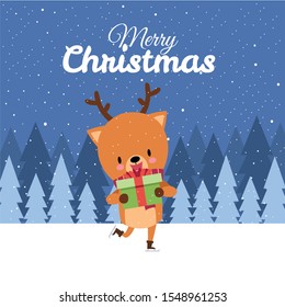 Merry Christmas with Cute Kawaii HandDrawn Deer With Red Scarf Ice Skating And Holding Gift Box With Smiling And Funny Face. Cartoon. Vector. Character. Illustration. Flat Design. Background. Greeting