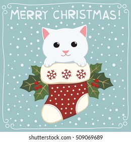 Merry Christmas. Cute Kitten Cat In Stocking. Greeting Card.