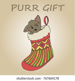 Merry christmas. Cute kitten cat in a Christmas stocking. Card in cartoon style. Hand drawn vector illustration