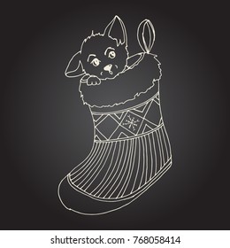 Merry christmas. Cute kitten cat in a Christmas stocking. Card in cartoon style. Hand drawn vector illustration