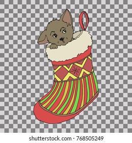 Merry christmas. Cute kitten cat in a Christmas stocking. Card in cartoon style. Hand drawn vector illustration