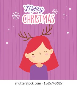 merry christmas cute little girl with deer horns snow vector illustration