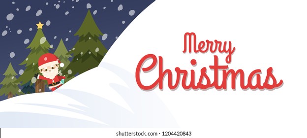 Merry Christmas, Cute little Santa Claus behind snow mountain, Pop-under banner size. Vector illustration.