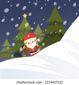Merry Christmas, Cute little Santa Claus behind snow mountain. Vector illustration.