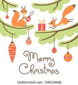 Merry Christmas. Cute little squirrels with gift on fir-tree. Card in cartoon style. Vector illustration.