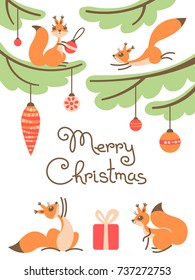 Merry Christmas. Cute little squirrels with gift on Christmas trees. Card in cartoon style. Vector illustration.