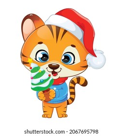 Merry Christmas. Cute little tiger. Baby tiger cartoon character