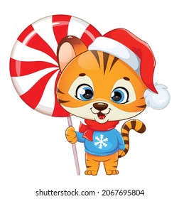 Merry Christmas. Cute little tiger holding big candy. Baby tiger cartoon character