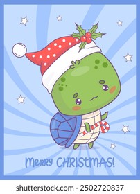 Merry Christmas. Cute little turtle in Santa hat with striped caramel stick. Vertical postcard with funny cartoon kawaii character animal. Vector illustration. Kids collection  