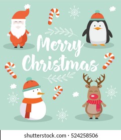 Merry Christmas cute modern  Card with Santa, Penguin, Snowman and Deer