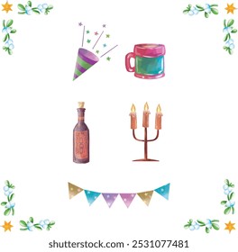 Merry Christmas in cute modern colorful style elements illustrations collection
