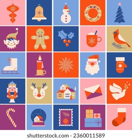 Merry Christmas cute modern minimalist style elements, illustrations collection. Santa, Christmas decorations, Christmas tree, Gift boxes and more. Vector design