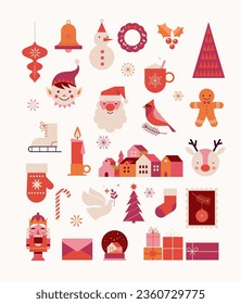 Merry Christmas cute modern minimalist style elements, illustrations collection. Santa, Christmas decorations, Christmas tree, Gift boxes and more. Vector design