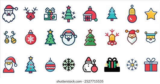 Feliz Natal bonito moderno elementos de estilo minimalista, coleção de ilustrações. Papai Noel, decorações de Natal, árvore de Natal, caixas de presente e muito mais.